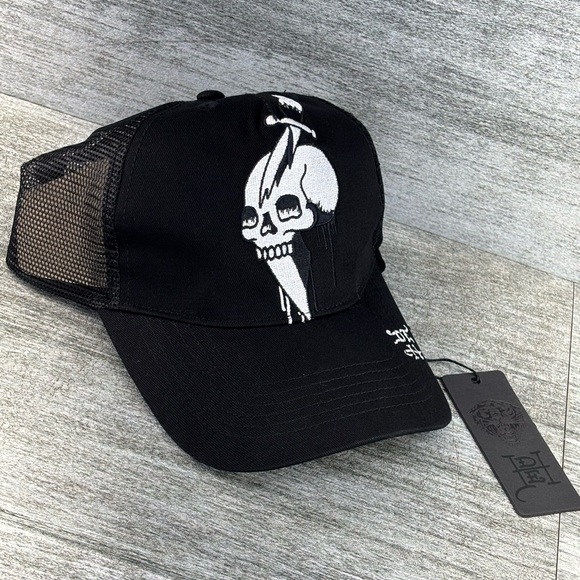 NWT Ed Hardy DEH Mesh Snapback Trucker Hat Cap Skull Dagger Sword Black OSHA - Picture 2 of 16